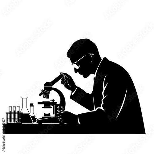 Scientist in Silhouette Using Microscope, Conducting Research with Test Tubes and Beakers