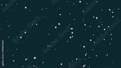 Background night sky with white stars and sparkles scattered on dark teal blue backdrop for winter holiday design, Christmas greeting cards, celestial space illustrations, festive decorations