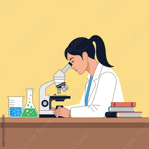 Scientist looking through a microscope, conducting research in a laboratory with beakers and books.
