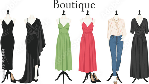 Fashion Boutique Display with Elegant Dresses and Stylish Outfits