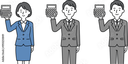 Business professionals holding calculators, financial accounting concept, corporate finance illustration, tax calculation teamwork, office people vector