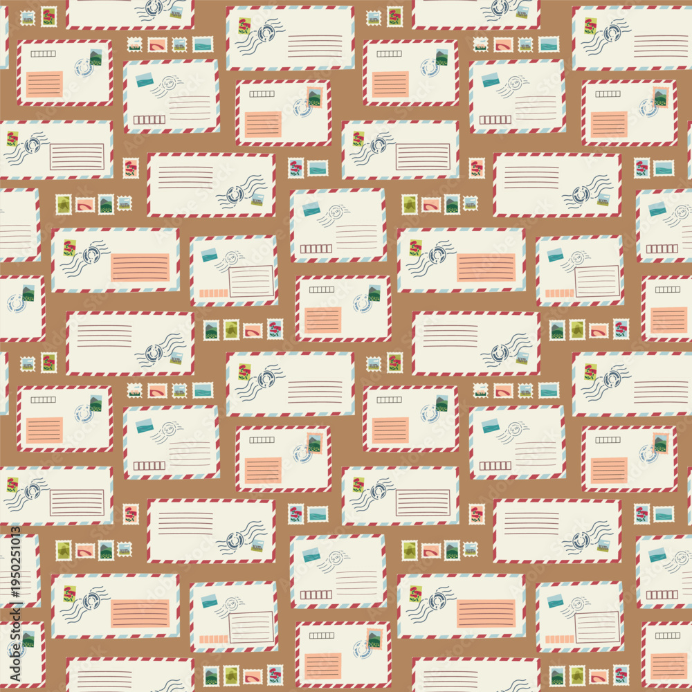 Fototapeta premium Vintage airmail letters and colorful postage stamps on a brown background