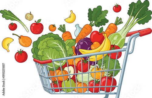 A colorful vector illustration of a grocery shopping cart filled with fresh fruits and vegetables, ideal for healthy eating and organic food marketing.