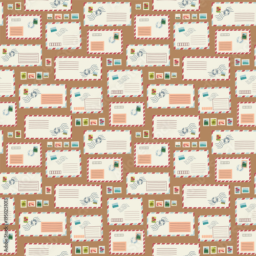 Vintage airmail letters and colorful postage stamps on a brown background