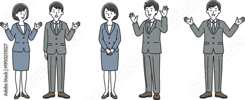 Business professionals in formal attire, corporate team illustration, cartoon-style characters, friendly gestures, office presentation, workplace diversity