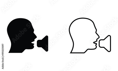 Human Speaking With Sound Waves Icon. Minimal showing human profiles emitting sound waves, representing speech, voice communication, audio messaging, language, broadcasting concept icon.