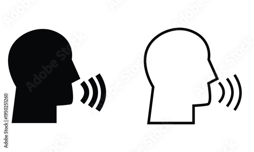 Human Speaking With Sound Waves Icon. Minimal showing human profiles emitting sound waves, representing speech, voice communication, audio messaging, language, broadcasting concept icon.