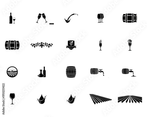 Wine and Vineyard Set Silhouette with Transparent Background wine bottle wine glass