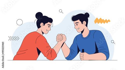 Man and woman participating in a friendly arm wrestling competition across a white table while both smile and show sportsmanship and strength.