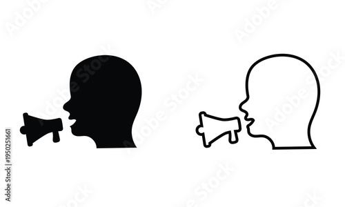 Human Speaking With Sound Waves Icon. Minimal showing human profiles emitting sound waves, representing speech, voice communication, audio messaging, language, broadcasting concept icon.