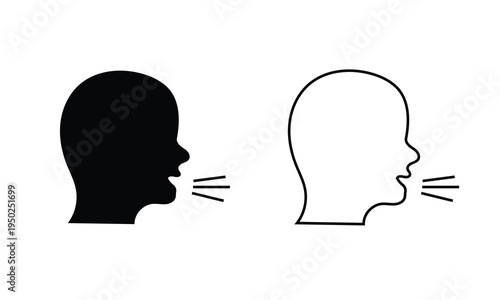 Human Speaking With Sound Waves Icon. Minimal showing human profiles emitting sound waves, representing speech, voice communication, audio messaging, language, broadcasting concept icon.