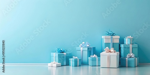 A Collection of Pastel Blue and White Presents Arranged Against a Light Blue Wall