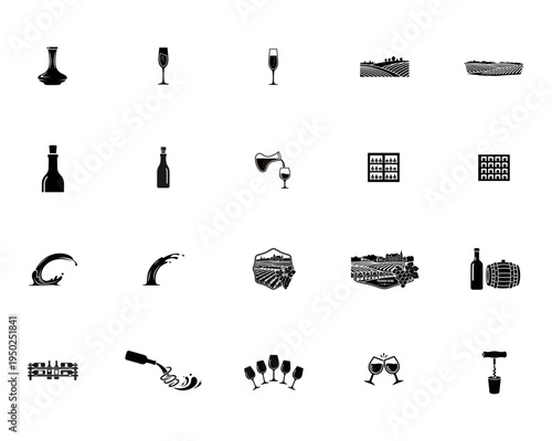 Wine making and drinking with vineyards and barrels wine bottle silhouette wine glass silhouette