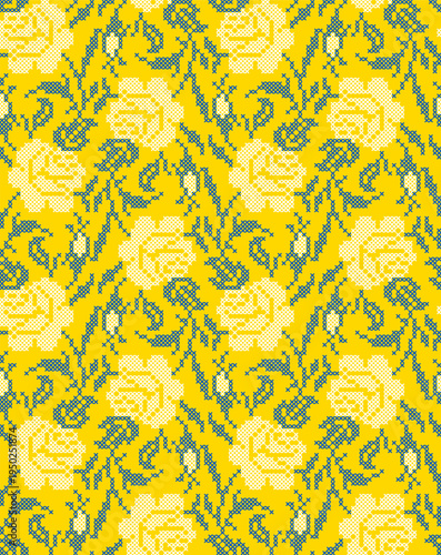 Seamless Ukrainian embroidery vector pattern with traditional vyshyvanka floral ornament. Yellow and blue flowers with decorative branches and leaves