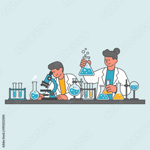 Scientists conducting experiments in a laboratory with beakers and microscopes