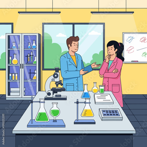 Scientists discussing experiment in laboratory with equipment and glassware