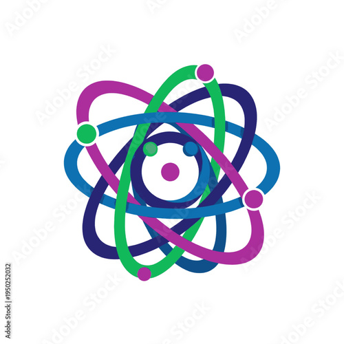 Abstract representation of an atom with colorful orbiting electrons, symbolizing science and discovery.