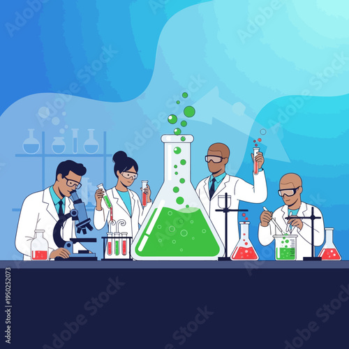 Scientists in a laboratory conducting experiments with beakers and microscopes