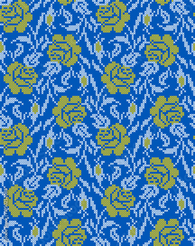 Seamless Ukrainian embroidery vector pattern with traditional vyshyvanka floral ornament. Yellow and blue flowers with decorative branches and leaves