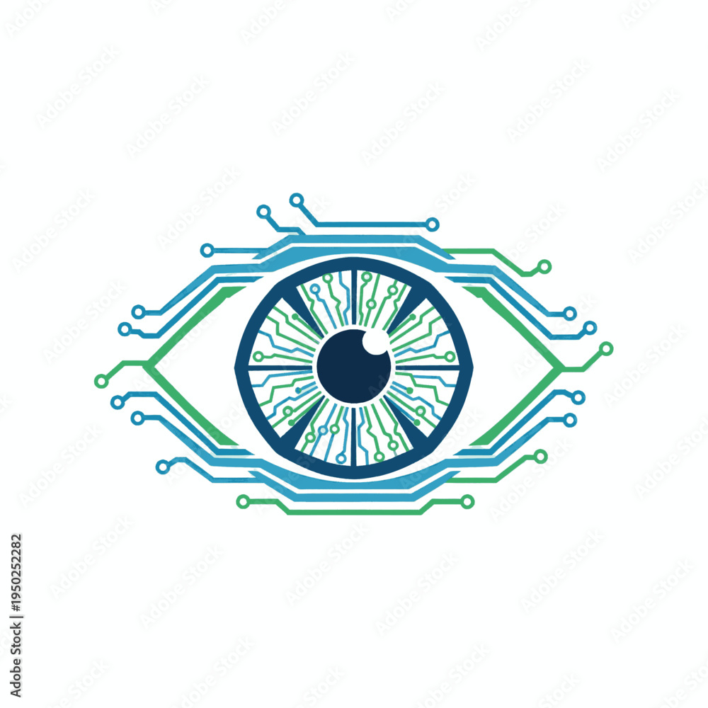 Fototapeta premium Digital eye with circuit board patterns representing technology and vision.