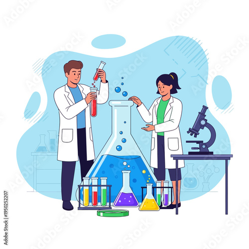 Scientists in lab coats conduct experiment with colorful liquids in beakers and flasks
