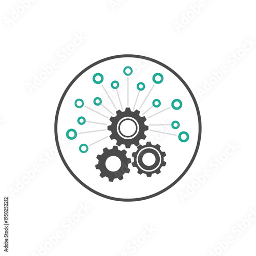 Abstract illustration of interconnected gears and nodes, symbolizing data flow and technological integration within a circular frame.