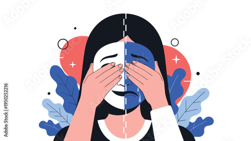 Deep conceptual illustration of a woman holding two masks over her face, one smiling and one sad, representing hidden emotions and mood swings.