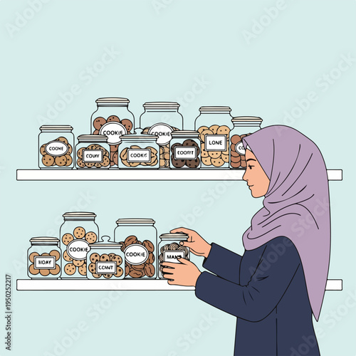 Woman in hijab choosing snacks from jars on shelves