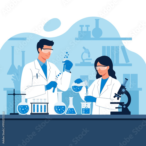 Scientists in lab coats conducting experiment with beakers and microscope
