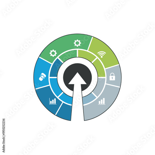 Circular diagram illustrating business growth and technological advancement with icons representing data, connectivity, security, and settings.