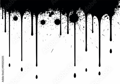Black ink splatters and drips creating an abstract artistic grunge design with a raw and distressed texture perfect for backgrounds and graphic elements