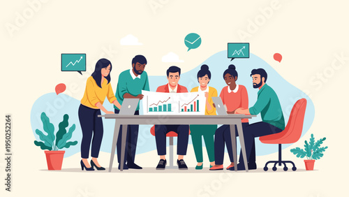 Diverse group of corporate professionals gathered around a large table to analyze financial data charts and business growth statistics together.