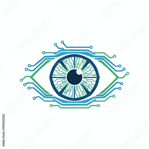 Digital eye with circuit board patterns representing technology and vision.