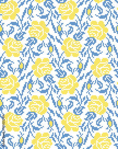 Seamless Ukrainian embroidery vector pattern with traditional vyshyvanka floral ornament. Yellow and blue flowers with decorative branches and leaves