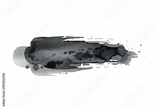 Dark abstract ink brush stroke with splashes and drips on a white background