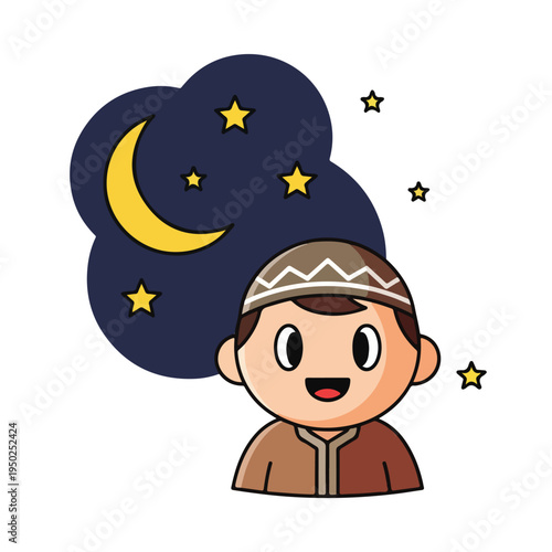 Smiling boy wearing prayer cap thinking of moon and stars at night