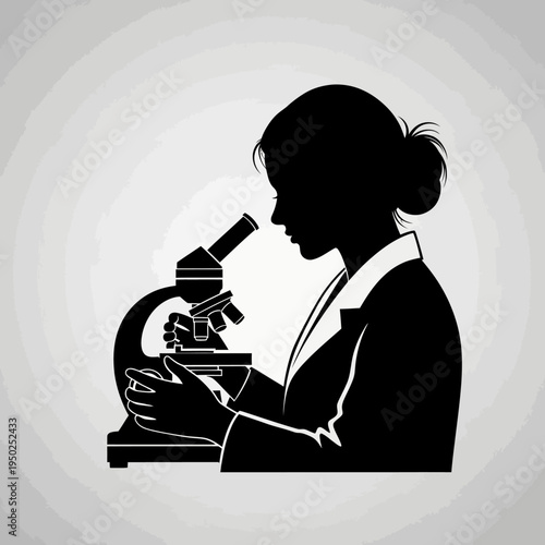 Scientist silhouette looking through microscope, research and discovery concept