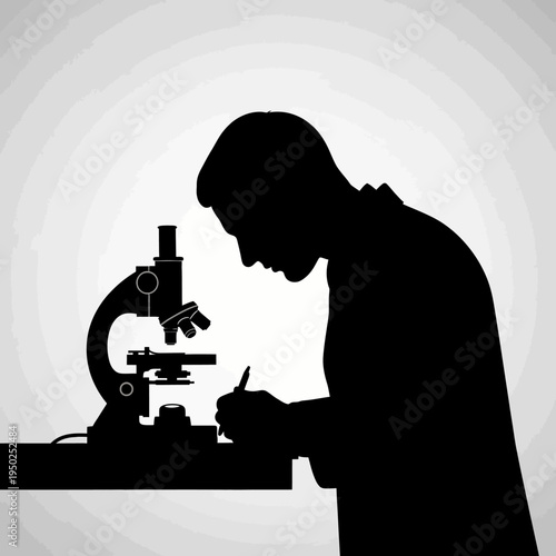 Scientist silhouette using microscope and writing notes, scientific research, laboratory work
