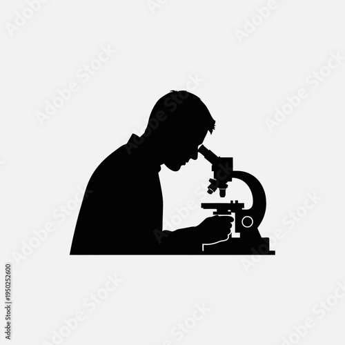 Scientist silhouette using microscope, laboratory research, scientific discovery, close-up view