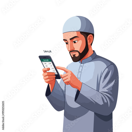 Man in traditional muslim clothing using smartphone on white background