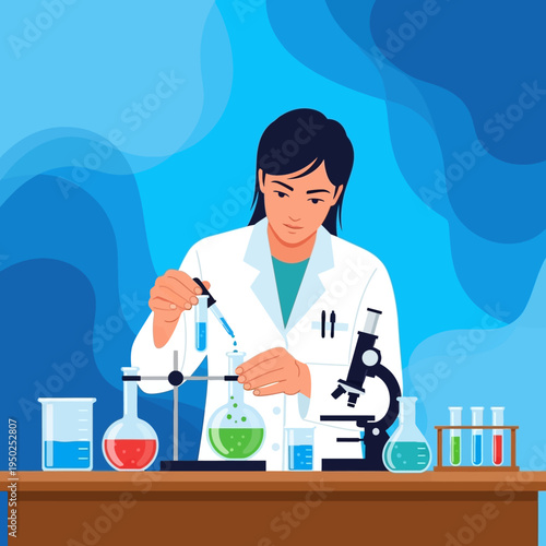 Scientist working in laboratory with microscope and glassware, conducting experiment