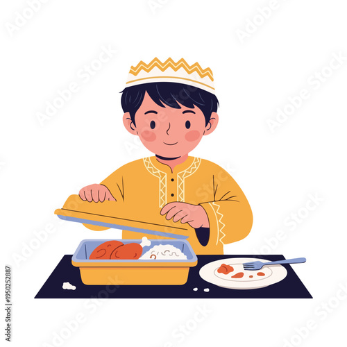 Young boy in traditional clothing opening a lunch box with food