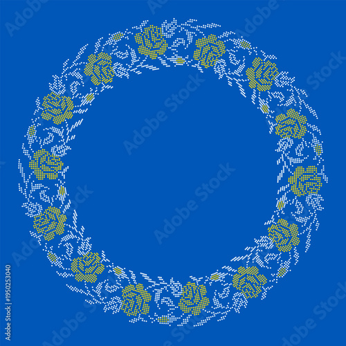 Ukrainian embroidery floral wreath vector illustration inspired by traditional vyshyvanka ornament. Decorative circular frame with yellow roses, branches and leaves created in cross stitch embroidery