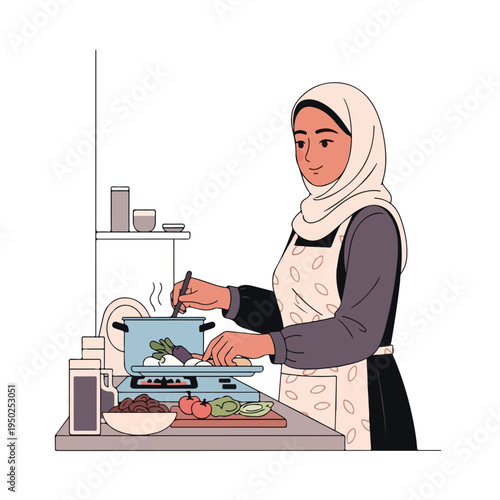 Woman in hijab cooking healthy food in kitchen with vegetables