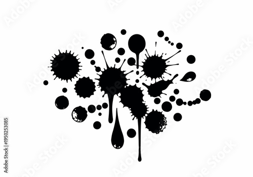 Abstract Black Ink Splatter Design with Various Droplet Sizes and Shapes on a White Background