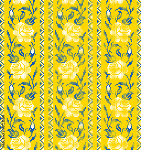Ukrainian vyshyvanka embroidery seamless vector set with traditional folk floral ornament. Yellow and blue ethnic textile pattern with flowers, branches and leaves