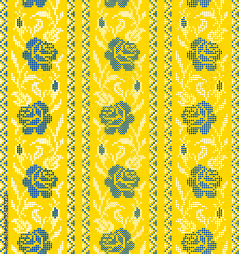 Ukrainian vyshyvanka embroidery seamless vector set with traditional folk floral ornament. Yellow and blue ethnic textile pattern with flowers, branches and leaves