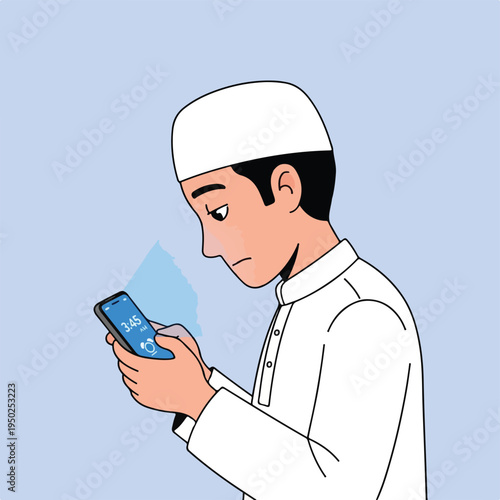 Muslim man in white robes and cap using smartphone