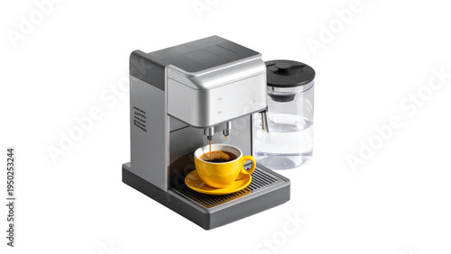 Isometric coffee machine appliance with yellow cup of espresso and water tank for office and home kitchen interior design and morning routine theme.