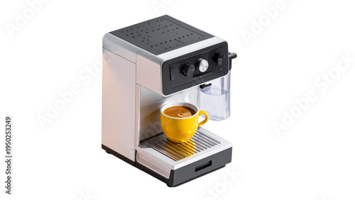 Isometric coffee machine appliance with yellow cup of espresso and water tank for office and home kitchen interior design and morning routine theme.